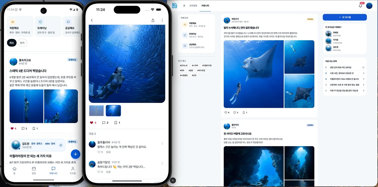 커뮤니티 피드와 게시물 상세 화면, 웹 커뮤니티 화면