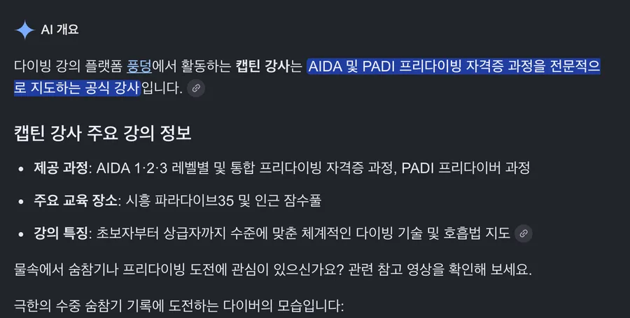 구글에서 «풍덩 캡틴 강사» 를 검색하면 AI 개요가 «AIDA 및 PADI 프리다이빙 자격증 과정을 전문적으로 지도하는 공식 강사» 라고 소개하고, 제공 과정·교육 장소를 정리해 보여준다.