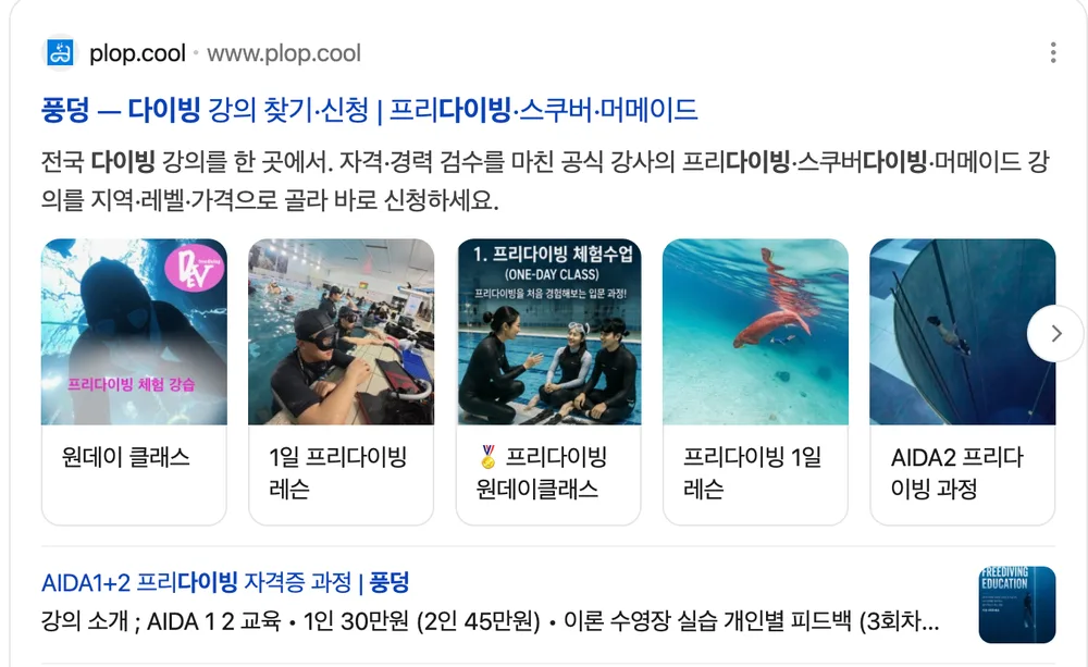 네이버에서 «풍덩 다이빙» 을 검색하면 풍덩 사이트가 «자격·경력 검수를 마친 공식 강사» 소개와 함께 나오고, 그 아래로 강의 5개가 썸네일 캐러셀로 붙는다.